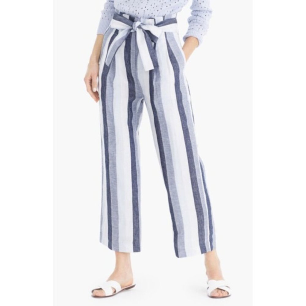 J. Crew Point Sur Paperbag Stripe Linen Pants In Blue and Ivory  Size 10 NWT